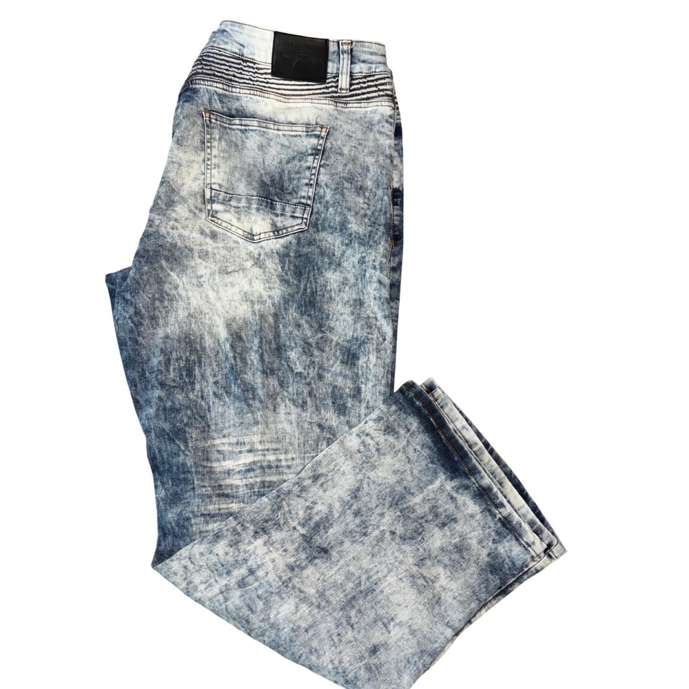 Marc Ecko Jeans Mens 46x30 Blue Cut‎ & Sew Moto Acid Wash Straight Leg Stretch